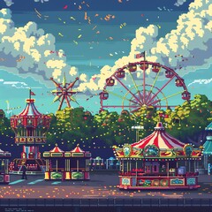 A festive pixel art carnival with rides and games.