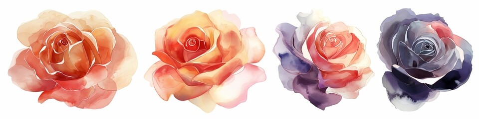 Watercolor rose clipart in various colors and angles.