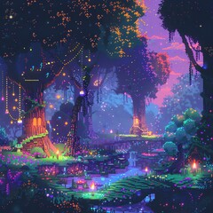 A magical pixel forest with glowing trees and mythical creatures.