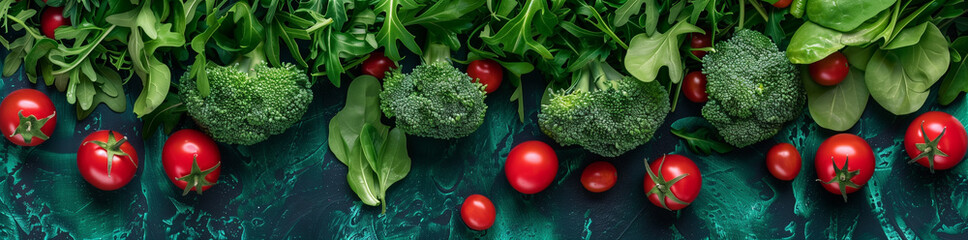 Top view of fresh vegetables with cherry tomatoes, broccoli floret, spinach, and arugula on dark...