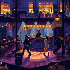 A pixel art jazz club with a live band and dancing couples.