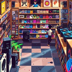 A retro pixel art record store with vinyls and music lovers.