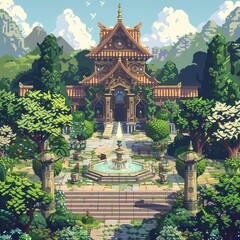 A serene pixel art monastery with monks and peaceful gardens. - obrazy, fototapety, plakaty