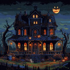 A spooky pixel art haunted house with tricks and scares.