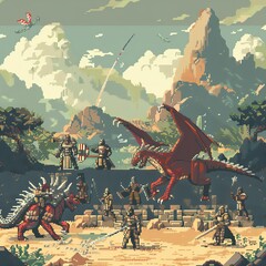 An ancient pixel art battlefield with warriors and dragons.
