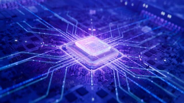 Dynamic Close-up of Futuristic Chip Connection to Motherboard. In Purple Neon Light Next Generation Microchip Activating and Powering System. High Performance GPU for Artificial Intelligence Compute