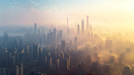 An urban skyline shrouded in smog and haze, illustrating the consequences of air pollution on cities.