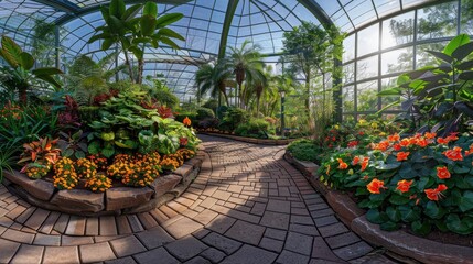 A panoramic view of a lush botanical garden