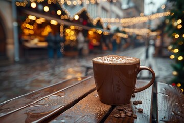 Hot chocolate on table with christmas market in the background with copy space