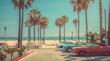 Vintage Coastal Boardwalk with Palm Trees and Classic Cars Lining Sandy Beach