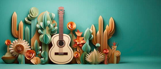 Artistic Mexican desert scene with a classic guitar and paper-crafted cacti, perfect for cultural event flyers and decorations with copy space