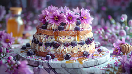 Obraz na płótnie Canvas A cake, atop a pristine white plate, is smothered in frosting and adorned with lavender purple flowers Nearby stands a glass jar brimming