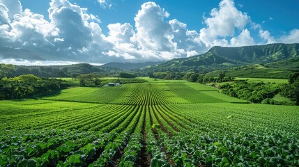 Fototapeta na wymiar A panoramic view of a lush green farm field with rows of organic crops