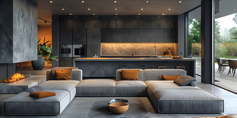 Tranquil Minimalist Apartment Living Room with Grey Sofa and Modern Faucet