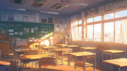 classroom with sunlight, Japanese animation feel