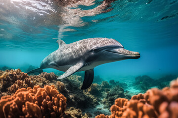 A dolphin is swimming in the ocean next to some coral. The dolphin is smiling and he is enjoying...