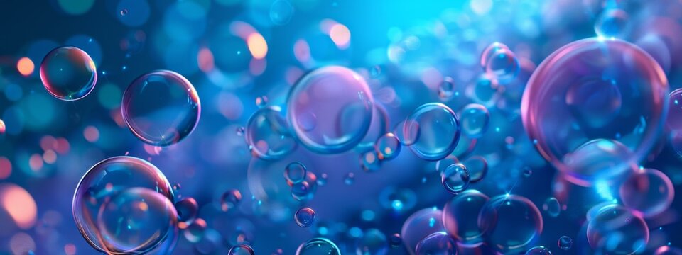 Bubbles floating in the air on a blue background. Banner