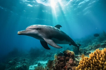 A dolphin is swimming in the ocean next to some coral. The dolphin is smiling and he is enjoying its time in the water - Powered by Adobe
