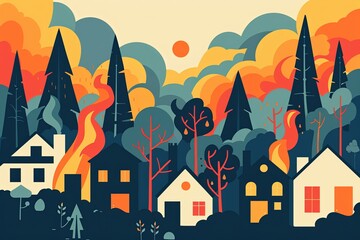 Artistic depiction of houses at the edge of a forest threatened by a raging wildfire, emphasizing nature's unpredictable force.