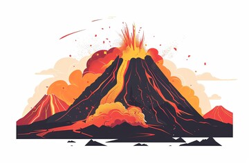Captivating illustration of a tropical volcano erupting with fiery lava flows amidst lush foliage, as wildlife spectates from a safe distance—perfect for geological and natural disaster education. - obrazy, fototapety, plakaty