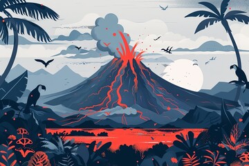 Captivating illustration of a tropical volcano erupting with fiery lava flows amidst lush foliage, as wildlife spectates from a safe distance—perfect for geological and natural disaster education.