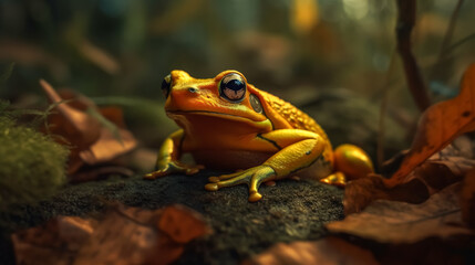 A frog is sitting on a leafy surface. The frog is green and brown in color. The frog has a yellow spot on its face