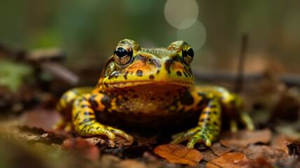 Fototapeta premium A frog is sitting on a leafy surface. The frog is green and brown in color. The frog has a yellow spot on its face