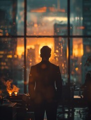 Fototapeta na wymiar Silhouette of a businessman in modern office environment with blurred figures, light leaks