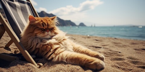 Persian cat lounging on beach, concept of Sunny day