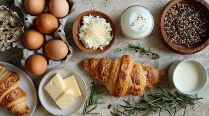  A table laden with croissants, eggs, cheese, and other dishes - obrazy, fototapety, plakaty