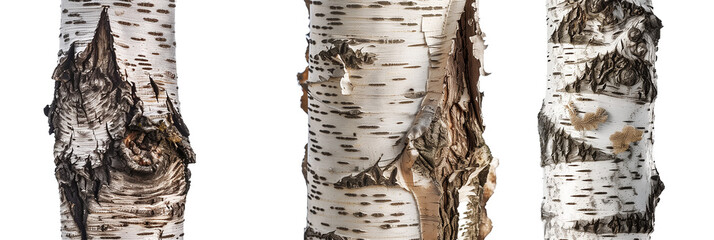 set of birch tree trunks, each characterized by unique peeling patterns and silvery bark, isolated...