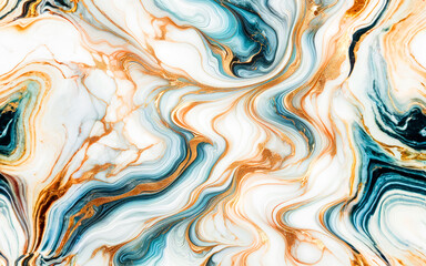Background abstract marble pattern with colorful waves in blue, gold and white tones. Elegant and luxurious design, ideal for modern interiors and creative projects. AI, Generation