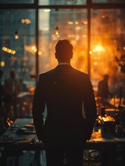 Silhouette of a businessman in modern office environment with blurred figures, light leaks