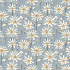 Blue and white daisies retro pattern - 790895692
