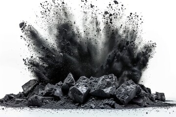 Black chalk pieces and powder flying, explosion effect isolated - obrazy, fototapety, plakaty