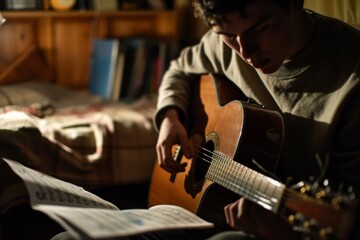 Obraz premium Someone is playing a guitar in a dark room with a bed