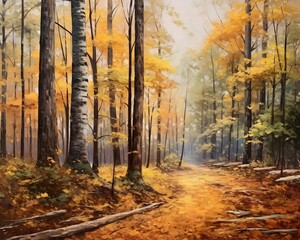 Autumn forest with colorful trees in fog. Panoramic view