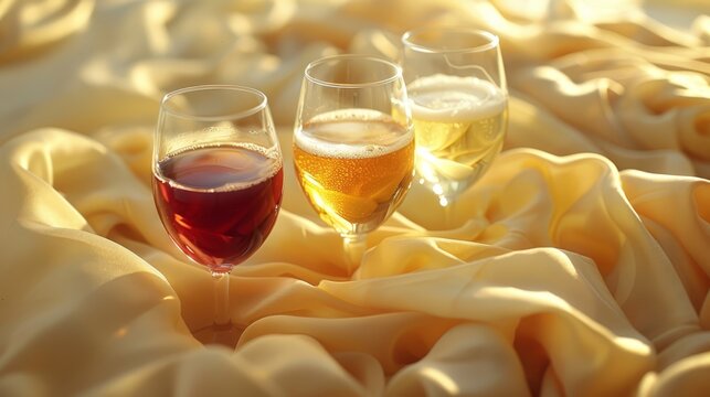   A tight shot of three wine glasses on a table Yellow cloth in background, white cloth in front