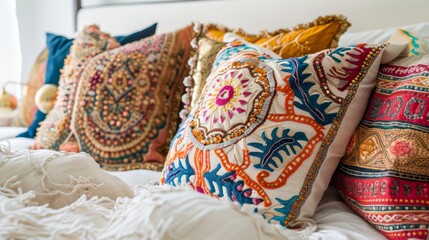 Fototapeta na wymiar Luxurious Bohemian bedroom detail showing plush, bright pillows against a white backdrop with gold ornaments, focusing on the rich textures and vibrant, inviting colors