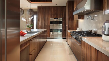 Luxurious kitchen with deep walnut cabinetry and pale sand walls, showcasing the glossy finishes and fine wood grain in high resolution, perfect for a home design feature