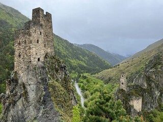 Obraz premium The tower complex of Vovnushki. The Republic of Ingushetia, Russia. View of the Ingush defensive towers inside the North Caucasus.