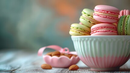   A tight shot of macroons and almonds in bowls on a table, background softly blurred