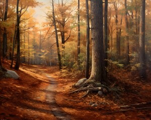 Digital painting of a trail in a forest with autumn trees in the background