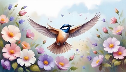 a bird flying over a field of flowers. The bird has a long, pointed beak and appears to be brown and white Its wings are outstretched as it soars just above the flowers.