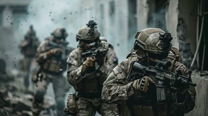 Obraz premium Squad of soldiers advancing cautiously through urban terrain