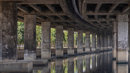 Perspective view of concrete pillars under Khlong Toei Expressway, with calm surface water...
