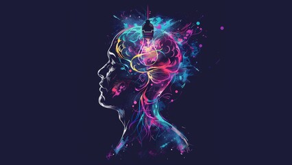 Ilustración del concepto de pensamiento con silueta de bombilla y cerebro colorid