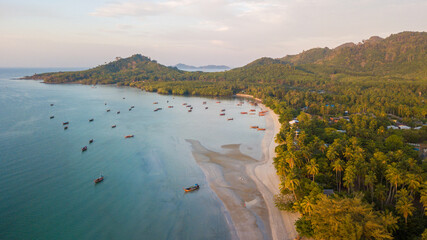 Aerial view of koh Mook with beautiful sky on morning, at Trang, Thailand. It is a small idyllic island in the Andaman Sea