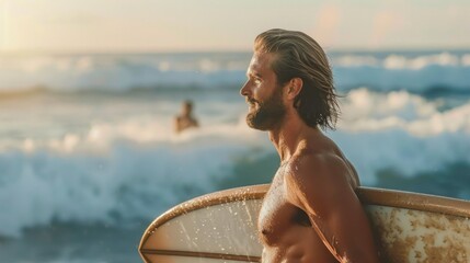 A man with a beard and long hair is standing on a beach holding a surfboard