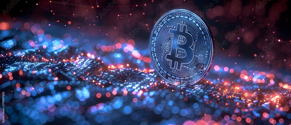 Poster rising bitcoin value with linear chart visualization. concept bitcoin market trends, cryptocurrency 